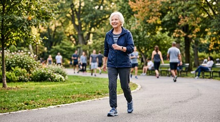 Fototapeta premium Smiling senior woman walking on park path surrounded by trees and other people exercising