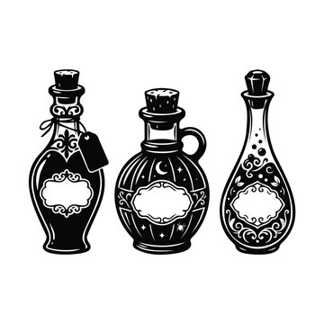 Set of black magical potion bottles with ornate labels and various cork designs.