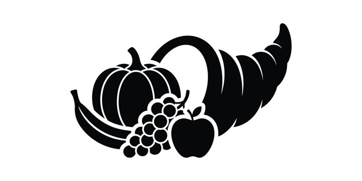 Black and white silhouette icon of a harvest cornucopia filled with fresh autumn fruits and vegetables