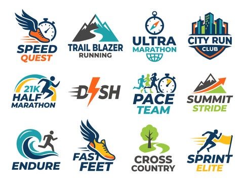 This array of sports branding graphics features various running events logos, showcasing dynamic themes suitable for promoting fitness, marathons, and active lifestyles.