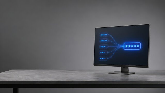 Desktop monitor showing rating cards converging into five stars