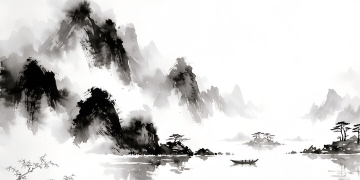 Traditional chinese ink wash painting featuring misty mountains, a small boat on a calm river, and pine trees, rendered in black and white style