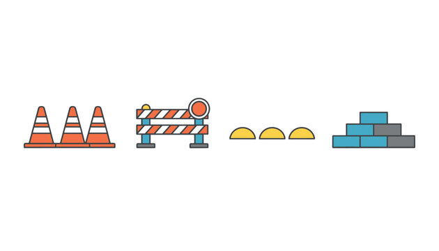 Collection of road safety icons including traffic cones, barriers, speed bumps, and bricks for construction zone signage.