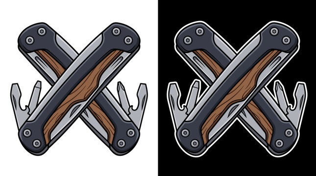 The image showcases an artistic representation of a multi-tool with crossed blades on a contrasting background, signifying utility, adventure, and tool functionality.