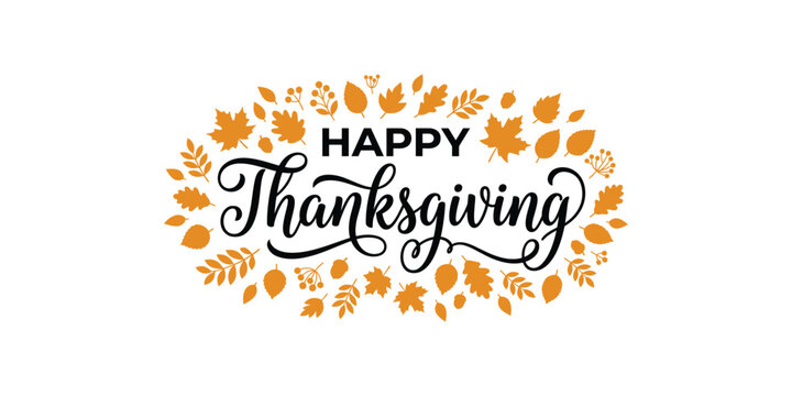 Happy thanksgiving watercolor lettering with colorful autumn leaves background for holiday design