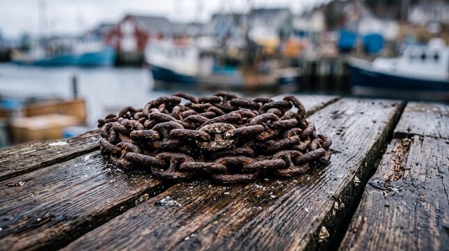 pile of rusty corroded iron anchor chains lying on a wet wooden dock in a harbor