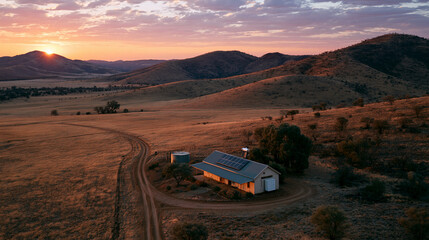 Fototapeta premium Aerial view of a small rural clinic at dusk beside its single storey building in a calm balanced composition with room for text