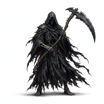 Grim Reaper skeleton in tattered black robes holding a scythe. Dark fantasy death character, gothic horror grim reaper on white background.