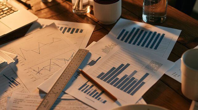 Straight down view of a desk at dusk spread with printed charts and graphs with subtle depth and a considered neutral palette