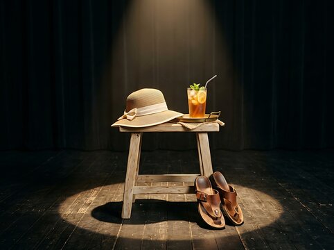  Wooden stool with summer essentials like a hat, sandals, and iced tea, bathed in a solitary spotlight on a dark stage