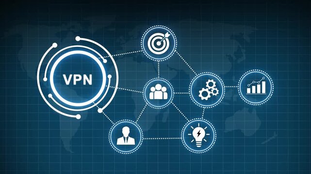 Advanced virtual private network vpn digital security concept featuring interconnected global network nodes, data encryption cyber protection infrastructure, and secure anonymous internet connectivity