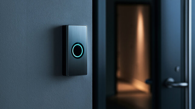 Close elevated view of a badge reader plate mounted beside a secure door captured with gentle contrast and minimal styling