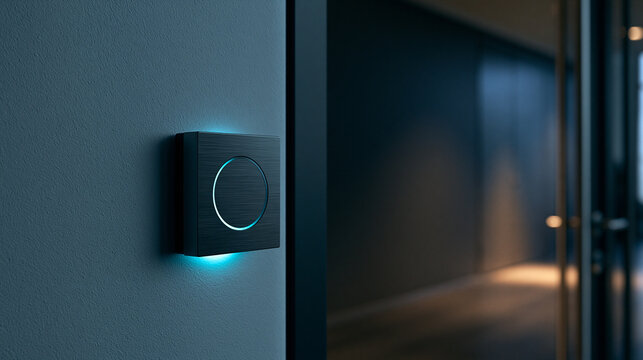 Close elevated view of a badge reader plate mounted beside a secure door with a clean modern look and quiet negative space