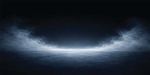 Obraz premium Dark Blue Smoky Fog Stage Background with Dramatic Atmospheric Lighting and Copy Space