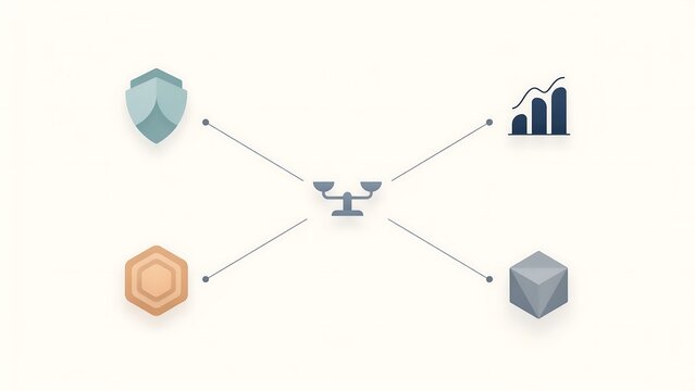 Minimalist diagram with a central balance scale connected by thin lines to a shield, a bar chart, a hexagonal shape, and a geometric prism.