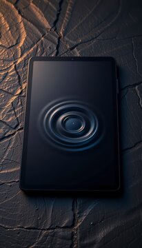 Black tablet on textured surface with ripple effect on screen