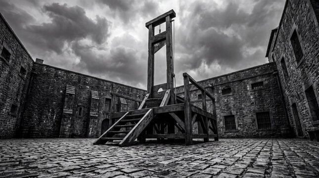black and white wide shot of a wooden guillotine scaffold standing on a cobblestone courtyard