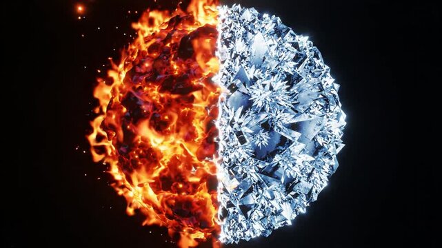 Abstract 3D sphere of fire and ice clashing against dark background