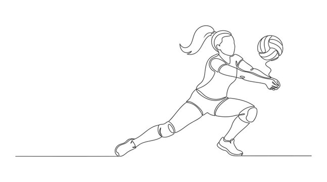 Continuous line drawing of a female volleyball player receiving a ball with line art volleyball athletic