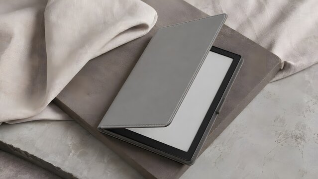 Minimalist digital tablet with grey cover on stone surface, modern electronic reader on concrete background, sleek e-reader device with fabric textures
