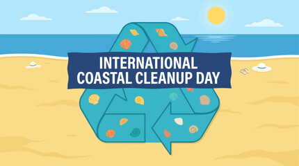 Naklejka premium International Coastal Cleanup Day illustration with recycle symbol on a sunny beach background