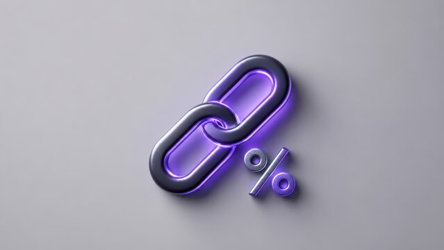 Purple chain link and percent symbol on a gray background