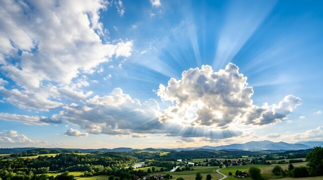 Stunning landscape view of a green valley with a winding river under a dramatic sky with sun rays breaking through clouds