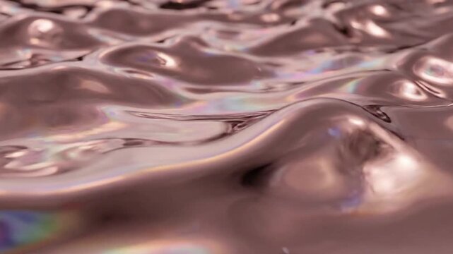 Abstract rose gold holographic liquid ripples in a flowing metallic wave.
