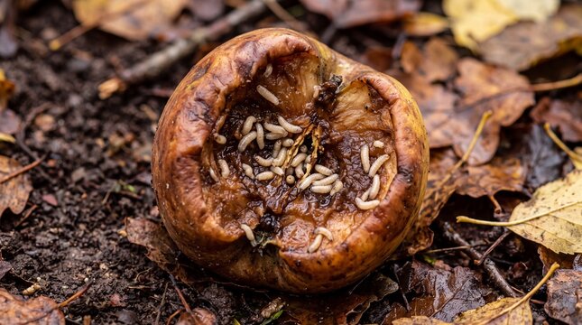 rotten decaying apple lying on forest ground crawling with white maggot larvae