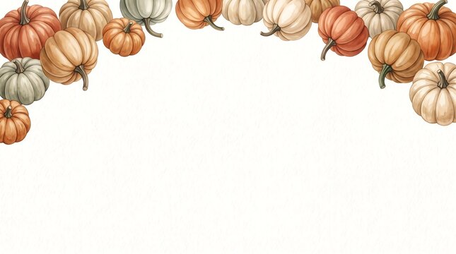 Watercolor pumpkins hanging from vines create an autumn seasonal border design