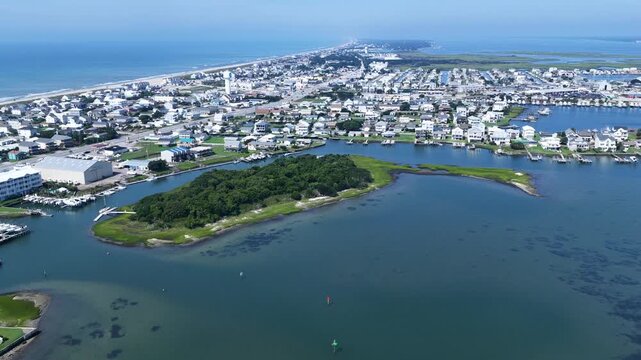 Aerial View of Atlantic Beach NC Oceanfront and Coastal Homes, rentals and business on Crystal coast