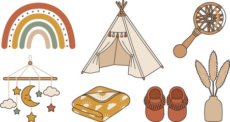 Boho Nursery Vector Elements Set Featuring Earthy Tones Rainbow, Teepee Tent, Baby Rattle, Hanging Mobile, Blanket, Moccasins, and Pampas Grass for Chic Children Room Decor © MdMizanur
