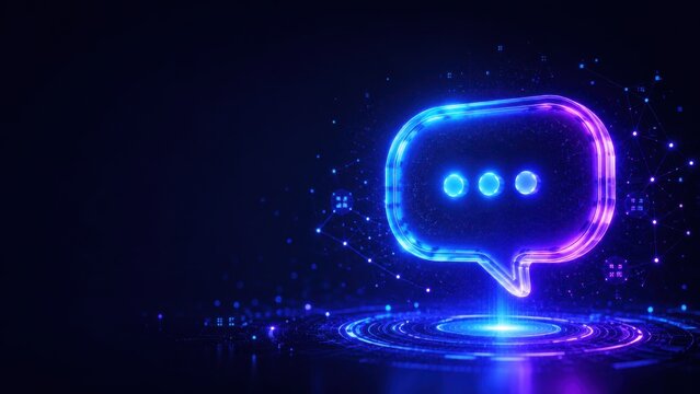 Neon blue chat bubble icon floating above digital platform representing modern network communication.