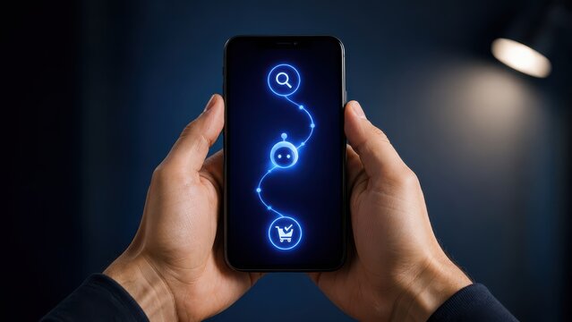 Hands holding a smartphone with connected search robot and cart icons