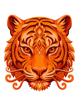 Regal ornamental tiger head illustration with golden filigree brow and curling whiskers, striking Asian big cat vector art ideal for luxury tattoo flash and embroidered merchandise
