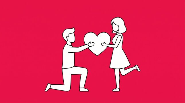 Romantic couple line art illustration, man proposing with heart to woman on red background, minimalist love concept for Valentines Day