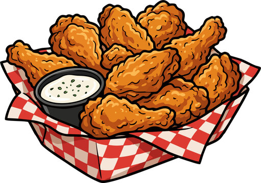 Crispy fried chicken wings and drumsticks in a red checkered basket with dipping sauce vector illustration