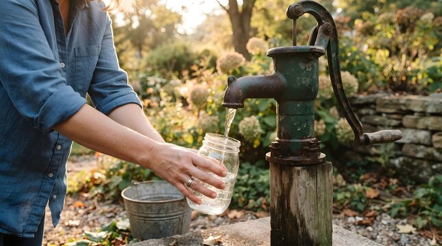 Hands Operating Hand Crank Well Pump Filling Clear Glass Jar with Fresh Water