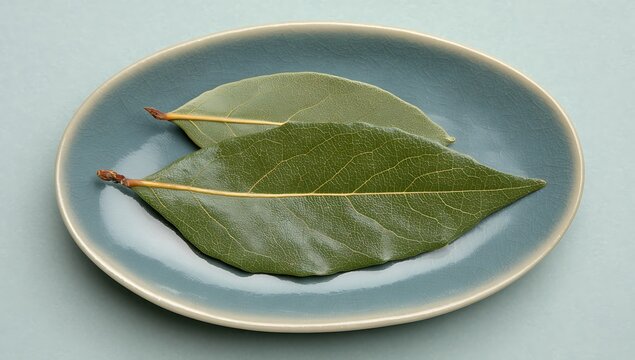 Single bay leaf on a white plate