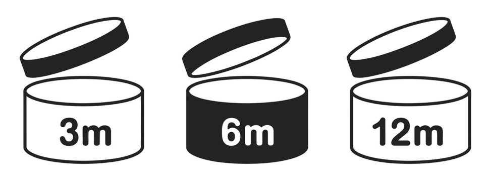 Open cosmetic jar PAO indicator icons featuring 1M, 3M, 6M, and 12M periods for beauty packaging and skincare products.