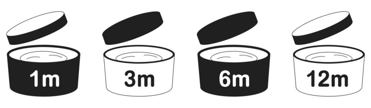 Open cosmetic jar PAO indicator icons with 1M, 3M, 6M, and 12M symbols for skincare packaging and expiration labeling.
