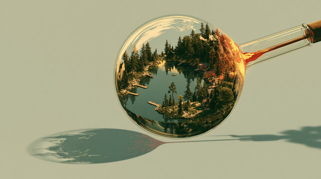 Isometric miniature world of a glassblowers bubble held in a warm glow with a clean minimal layout and generous copy space