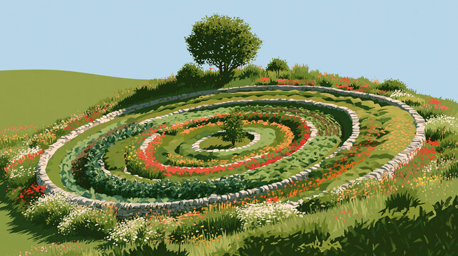 Minimal flat vector illustration of a spiral sheepfold wall seen from above with soft flat colour and quiet negative space