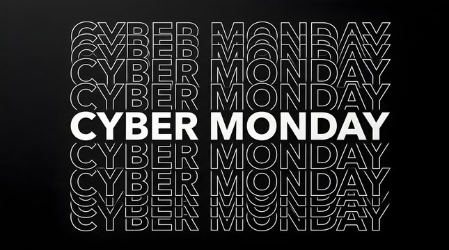 Cyber monday typography layout with repeated white text pattern on black