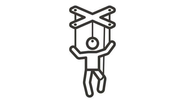Minimalist marionette puppet icon showcasing a simple human figure hanging from black wooden cross strings