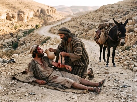Good Samaritan helping injured man on desert road