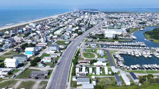Aerial View of Atlantic Beach NC Oceanfront and Coastal Homes, rentals and business on Crystal coast