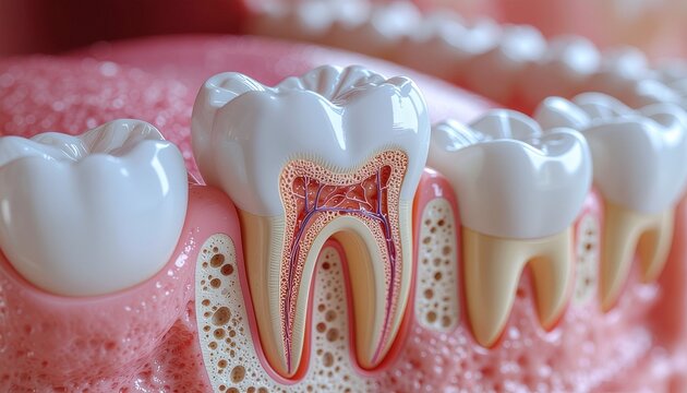 A detailed 3D cross-section illustration of a human molar tooth inside the jawbone, revealing the internal structure of enamel, dentin, pulp cavity, nerves, and surrounding gums.