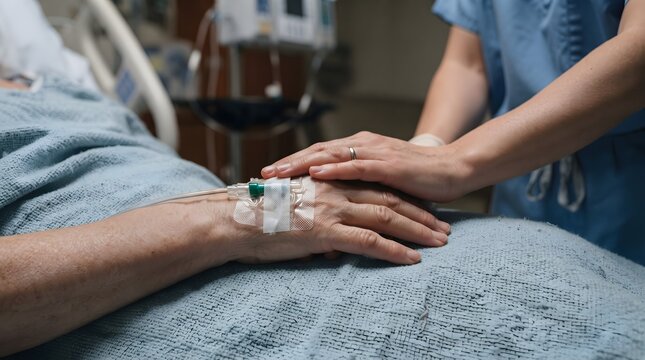 Nurse Supporting IV Patient's Hand During Authentic Bedside Healthcare
