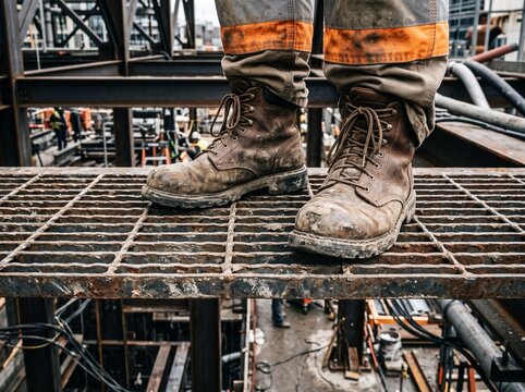 Close-up of construction worker's feet wearing heavy-duty leather work boots and high-visibility pants while standing on metal grating at a building site.